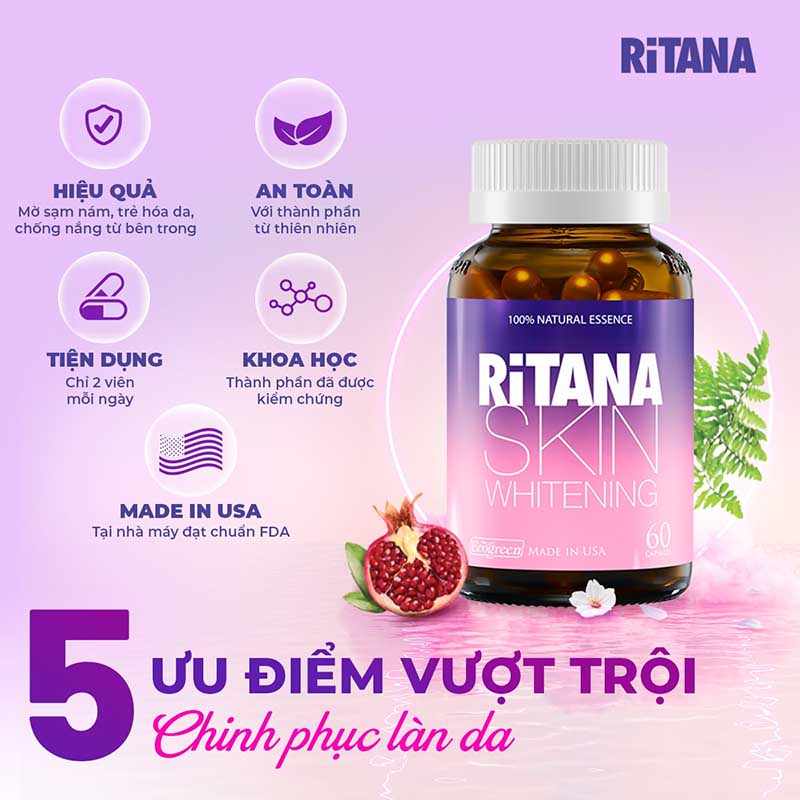 Viên uống RiTANA chứa các thành phần thiên nhiên quý giúp hỗ trợ làm đẹp da, chống lão hóa và bảo vệ da từ bên trong